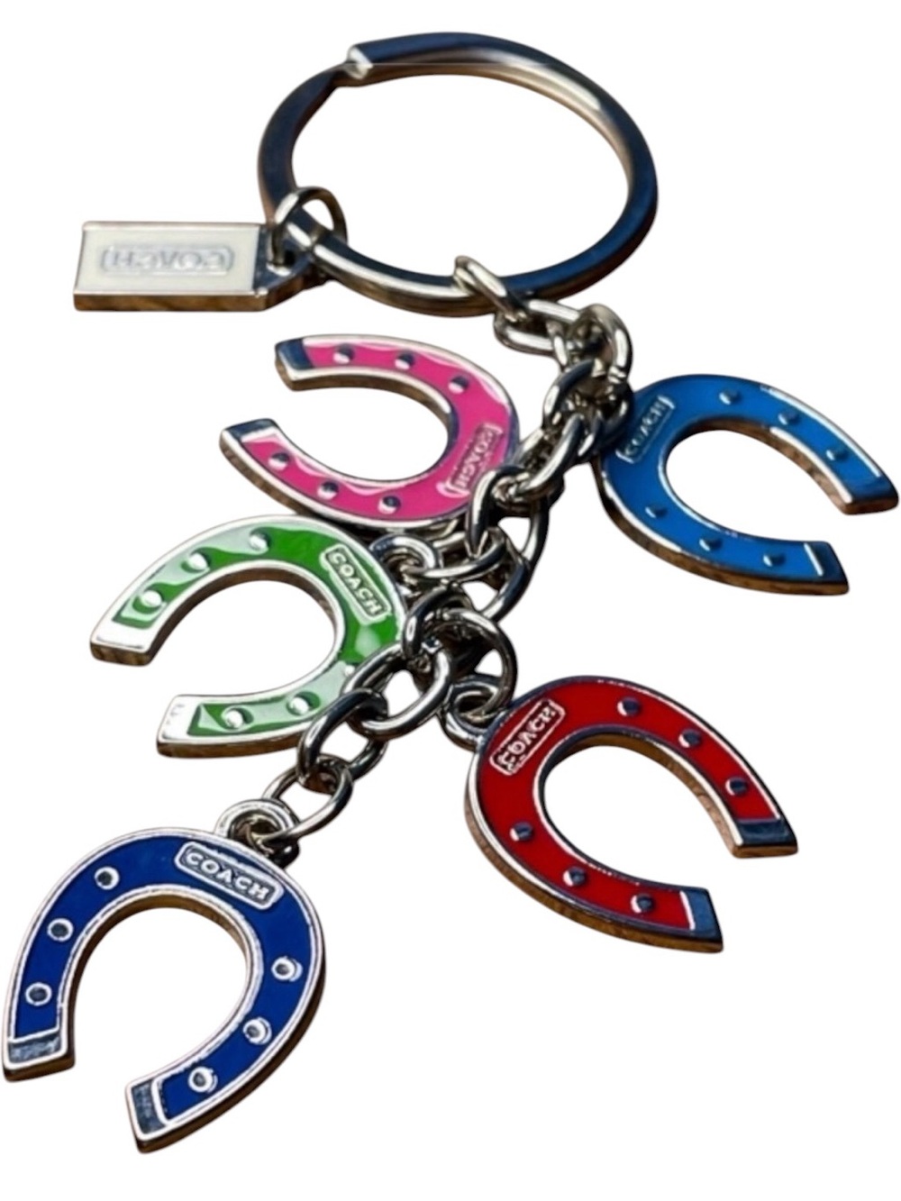 Vintage Coach Multi Enamel Horseshoe Bag Charm Keychain Silver Tone 92315